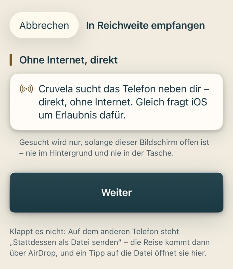 Bildschirm von Cruvela. 3 Stattdessen als Datei senden ist das Rückfallgleis, wenn sich nichts findet.