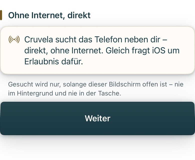 Bildschirm von Cruvela. Übergabe und Datei geben die Reise einmal weiter. Sie bleiben danach nicht verbunden. Wer laufend denselben Stand haben will, teilt über die Wolke.
