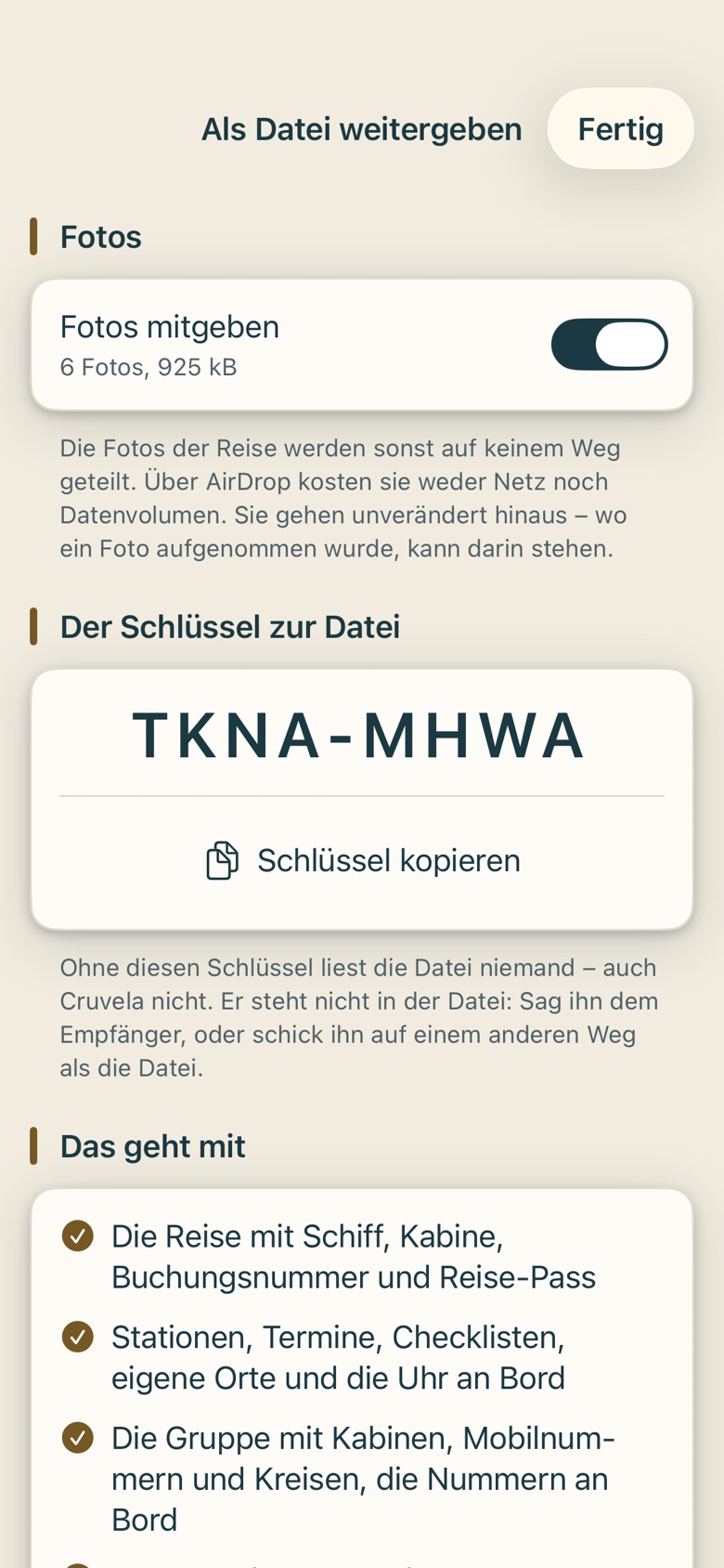 Bildschirm von Cruvela. Kommt mit der Reise eine Einladung der Reiseleitung, bist du bis zum Beitritt Mitreisender: Stationen, Zeiten und die Gruppe pflegt weiter die Reiseleitung. Sobald Netz da ist, tritt Cruvela der Gruppe bei – danach …