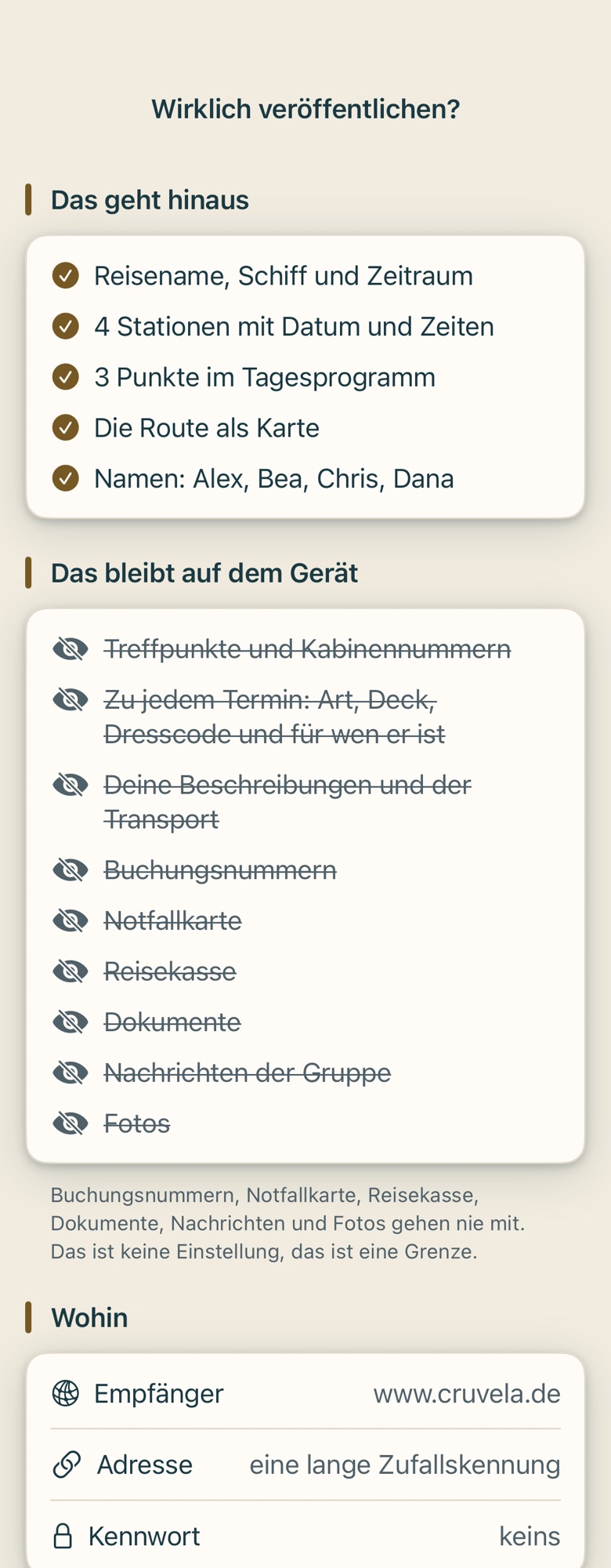 Bildschirm von Cruvela. Vor jeder Veröffentlichung fragt Cruvela – und zwar namentlich, nicht pauschal.