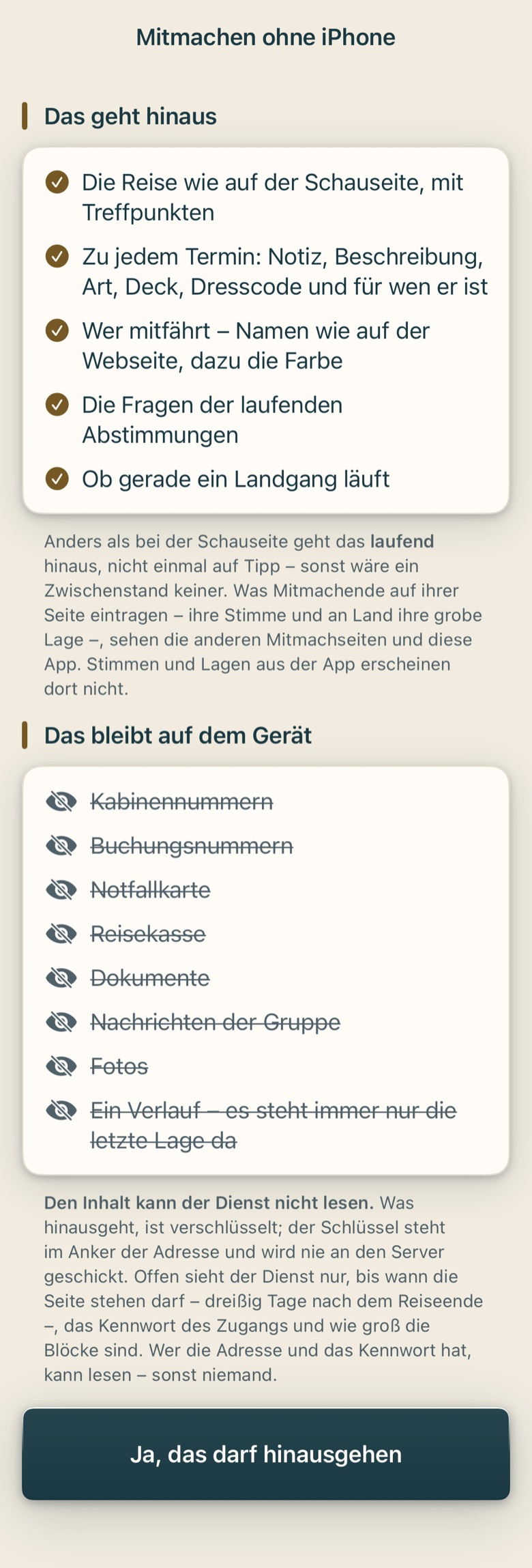 Bildschirm von Cruvela. Zwei Uhren an einem Flug: Abflug und Ankunft stehen jeweils in der Zeit ihres eigenen Ortes. Ein Flug nach Westen landet nach der Uhr früher, als er gestartet ist; die Seite schreibt einen Satz dazu, damit das nicht …