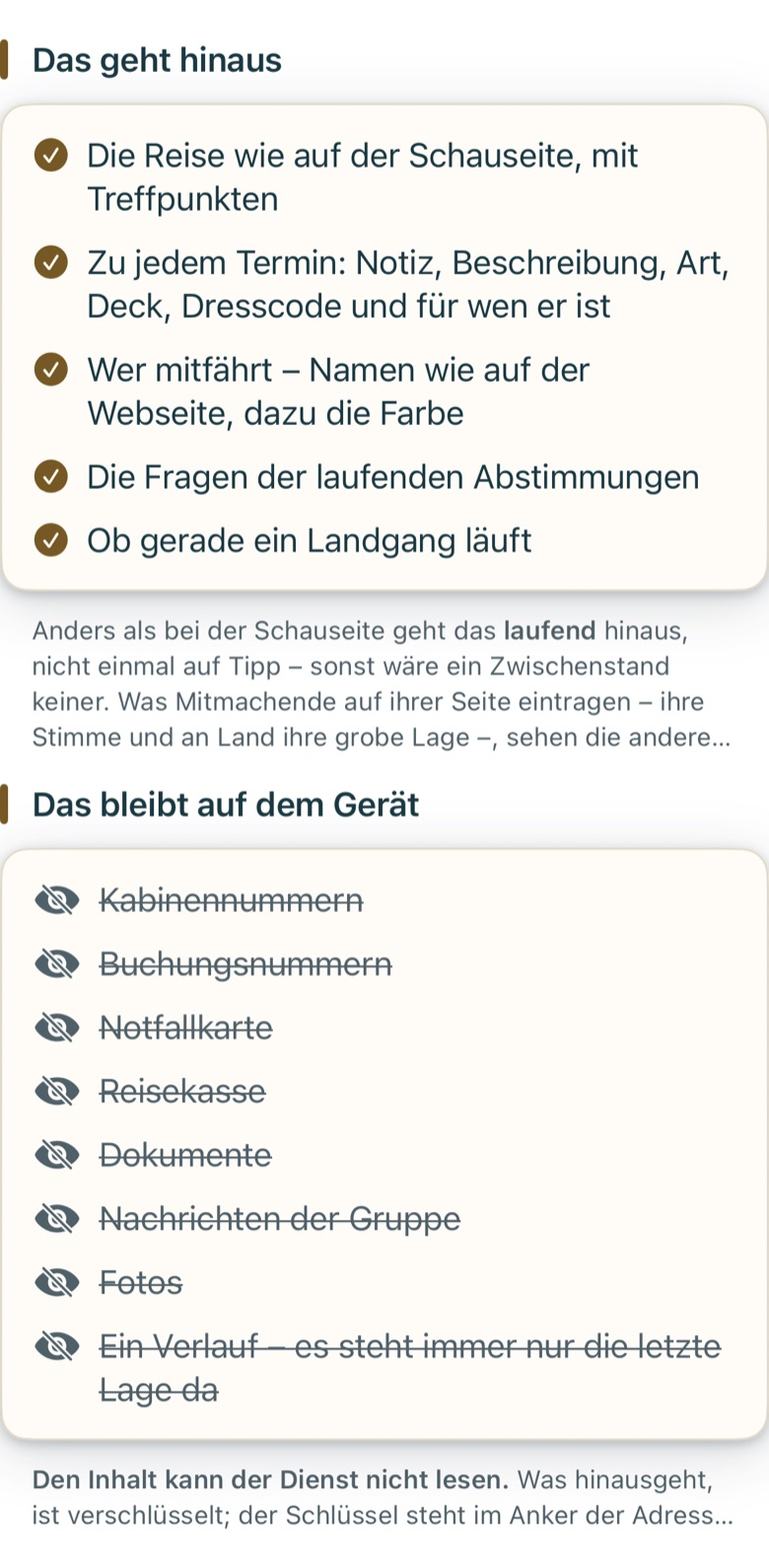 Bildschirm von Cruvela. Wer den Zugang hat, kann im Browser mitmachen: den Reiseplan mitlesen, abstimmen, an Land den eigenen Standort teilen und mit Ich bin zurück an Bord im Zähler der Gruppe mitzählen (Kapitel 5.4). Was er beiträgt, …