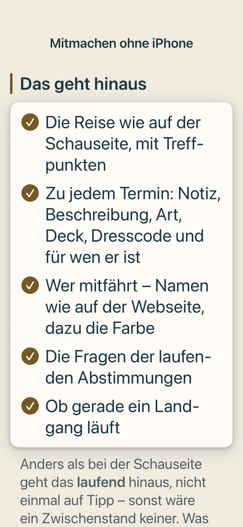 Bildschirm von Cruvela. Kapitel 15 · Ohne iPhone – die Mitmachadressen.