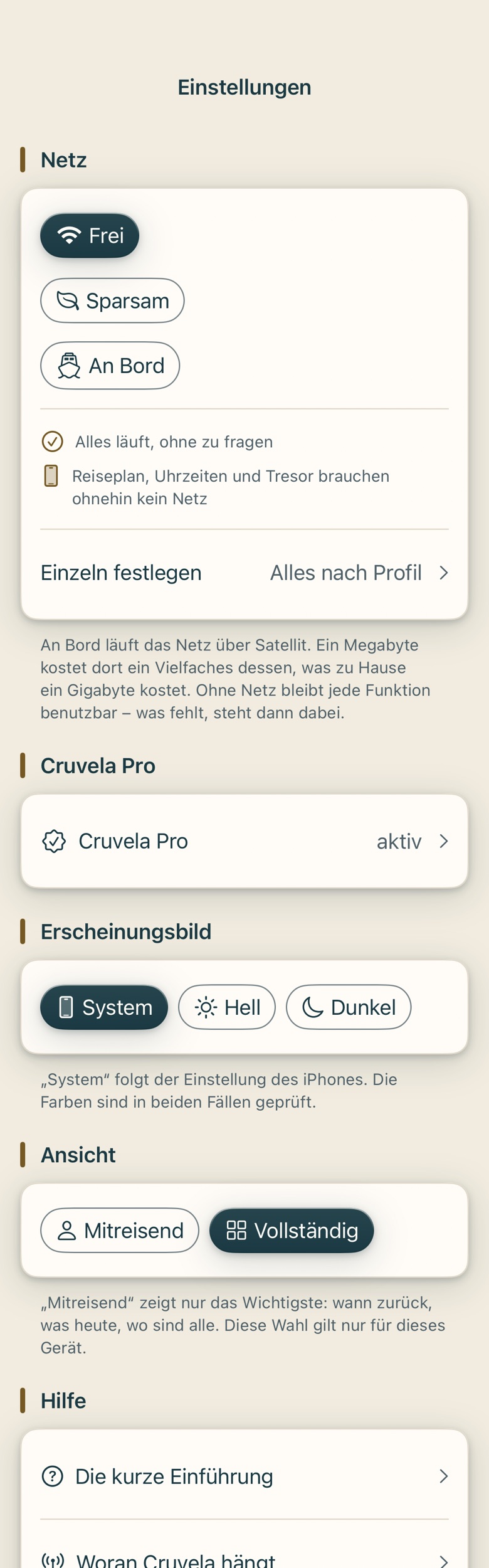 Bildschirm von Cruvela. Aus der Liste Alle Reisen geht es auch: oben rechts das Zahnrad.