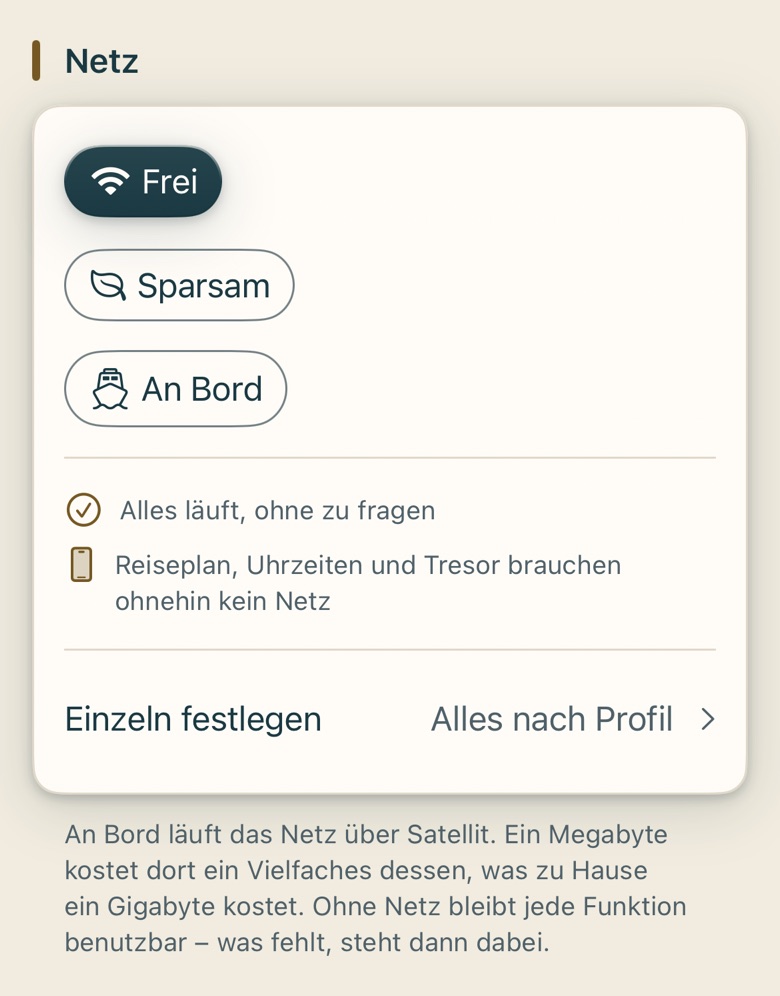 Bildschirm von Cruvela. 1 ist der Netzschalter – er steht ganz oben, weil ihn sucht, wer ihn dringend sucht. 2 ist Cruvela Pro. 3 ist das Erscheinungsbild. 4 ist die Ansicht.