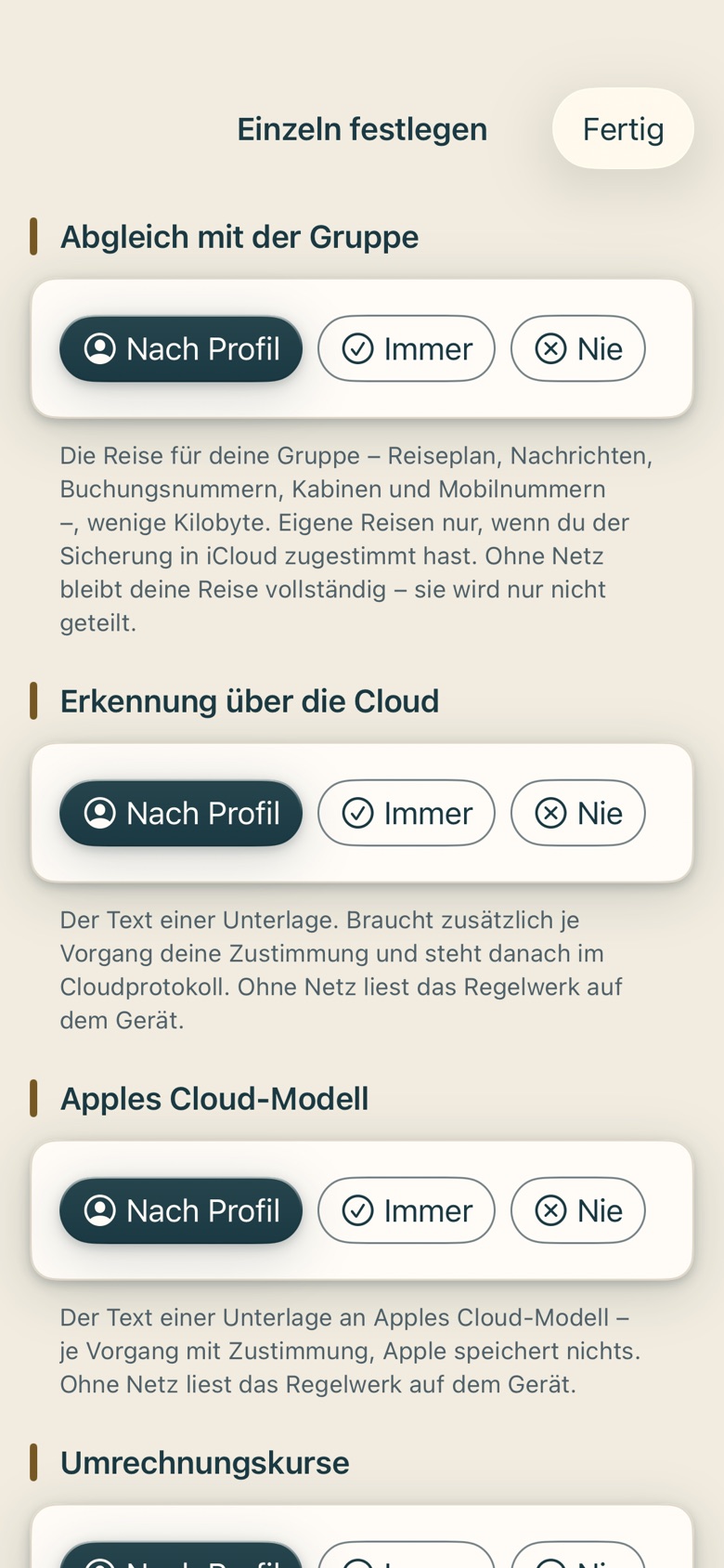 Bildschirm von Cruvela. 4 Einzeln festlegen führt zur Liste je Netzart.