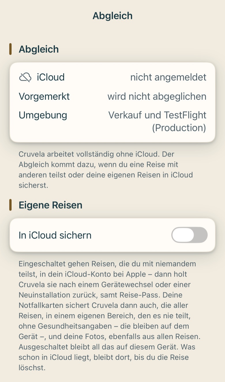 Bildschirm von Cruvela. 1 ist die Stufe, mit der Cruvela liest. 2 sagt, welcher Dienst gefragt würde und ob du das erlaubt hast. 3 führt zum Übertragungsprotokoll – dem Nachweis, was tatsächlich hinausging (Kapitel 18.5).