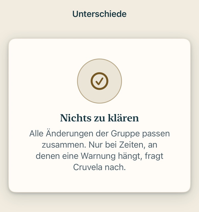 Bildschirm von Cruvela. Ohne iCloud bleibt die Reise auf diesem Gerät – vollständig. Gesichert wird erst, wenn du es einschaltest.