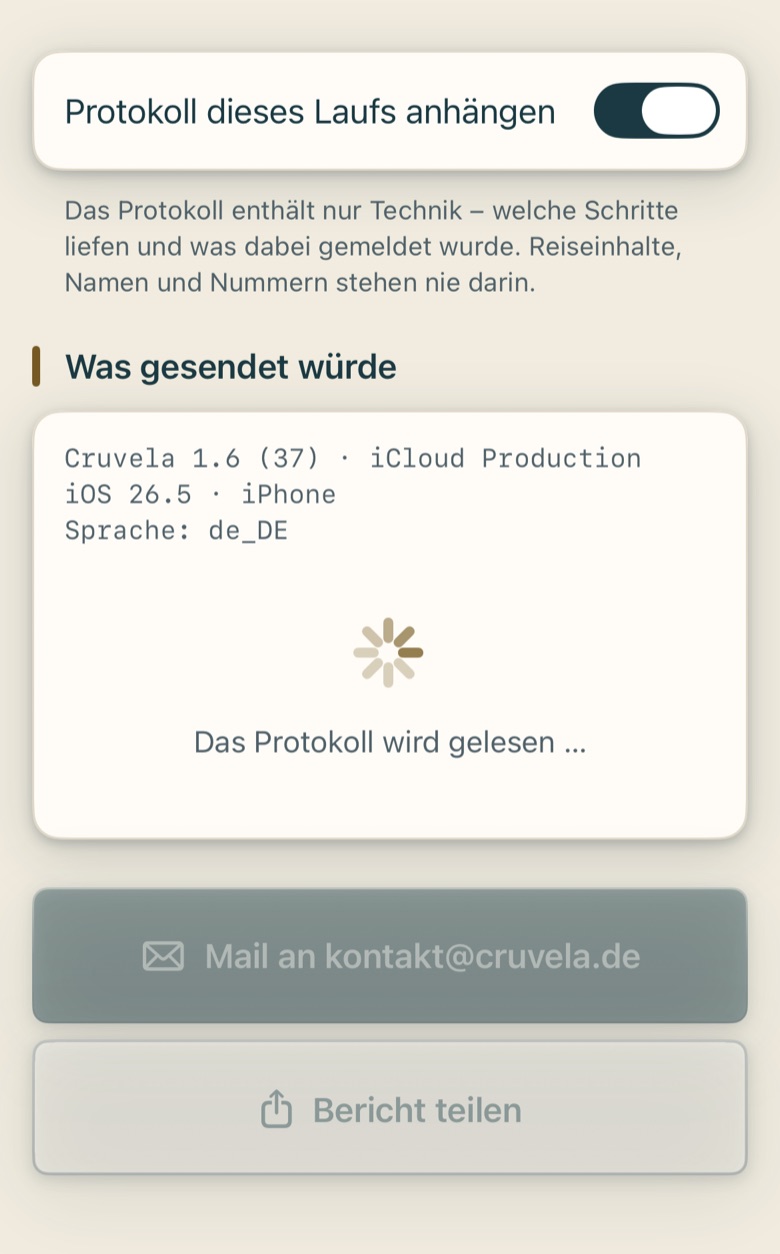 Bildschirm von Cruvela. Lösche die App nicht, um das Problem zu beheben. Damit ist alles weg, was noch nicht abgeglichen war. Der Bildschirm bietet die Sicherung an – nimm die.